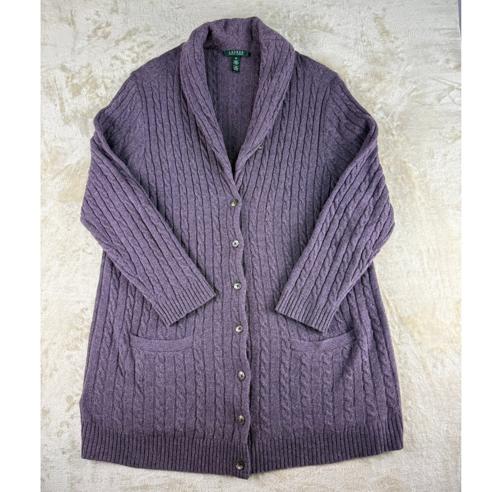 Lauren Ralph Lauren Purple Wool Rabbit Hair Cable Knit Shawl Cardigan 3X